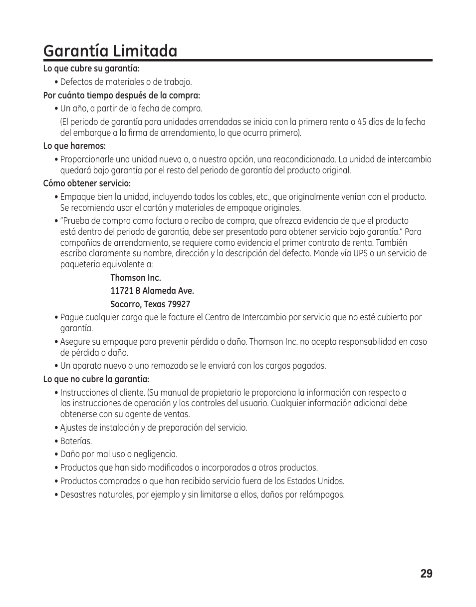 Garantía limitada | GE 29484 2-Line User Manual | Page 59 / 60