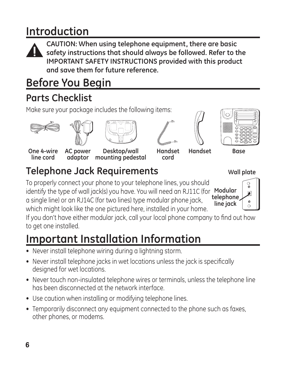 Important installation information, Introduction, Before you begin | Telephone jack requirements, Parts checklist | GE 29484 2-Line User Manual | Page 6 / 60