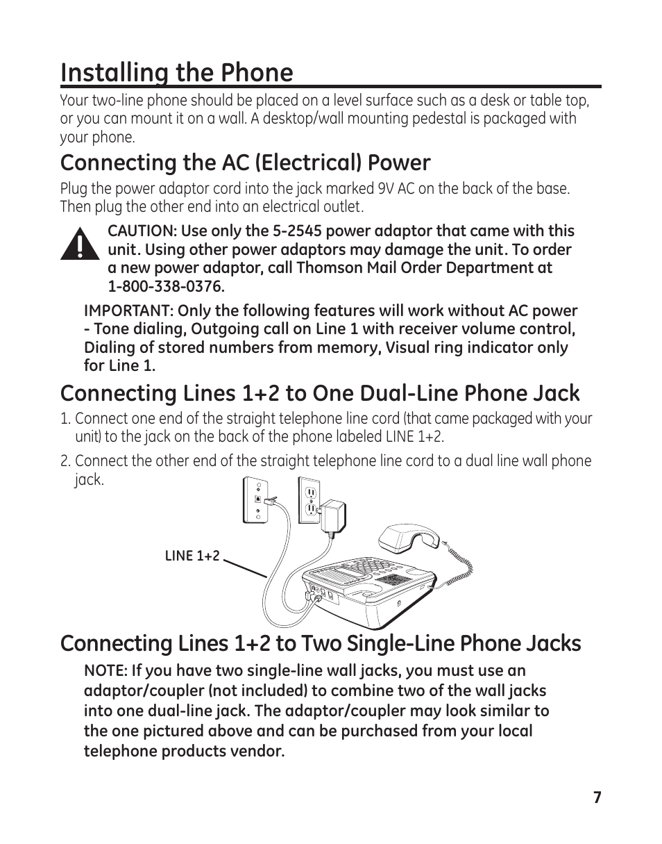 Installing the phone, Connecting the ac (electrical) power, Connecting lines 1+2 to one dual-line phone jack | GE 29484 2-Line User Manual | Page 7 / 60