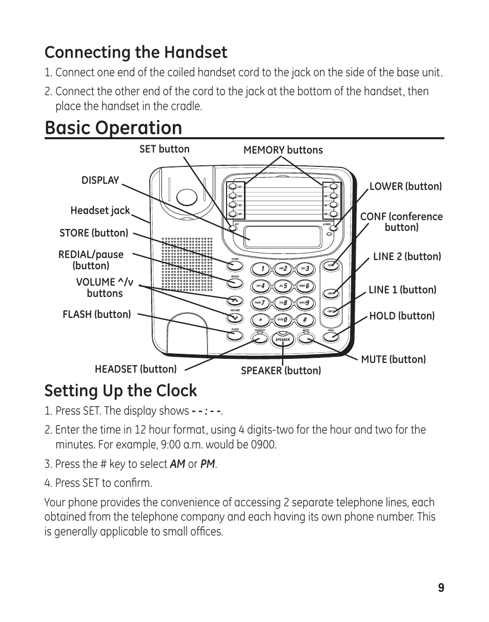 Basic operation, Connecting the handset, Setting up the clock | GE 29484 2-Line User Manual | Page 9 / 60