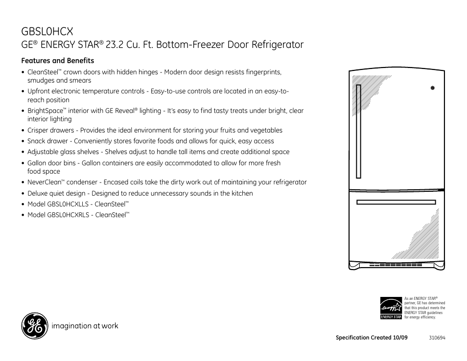 Gbsl0hcx, Energy star, 2 cu. ft. bottom-freezer door refrigerator | GE GBSL0HCXLLS User Manual | Page 2 / 2