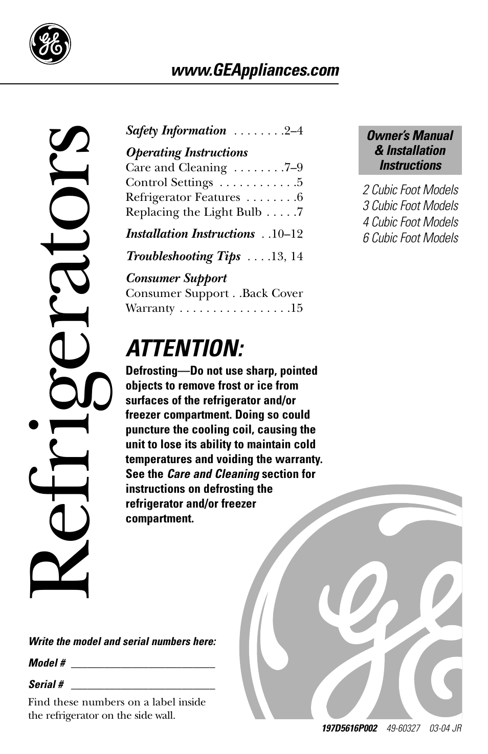 GE 3 Cubic Foot Models User Manual | 16 pages
