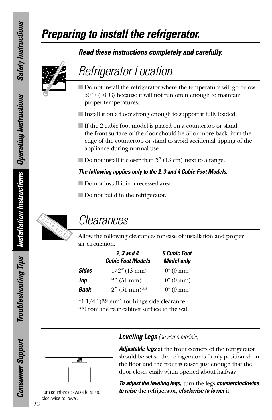 Installation instructions, Refrigerator location, Clearances | Preparing to install the refrigerator | GE 3 Cubic Foot Models User Manual | Page 10 / 16