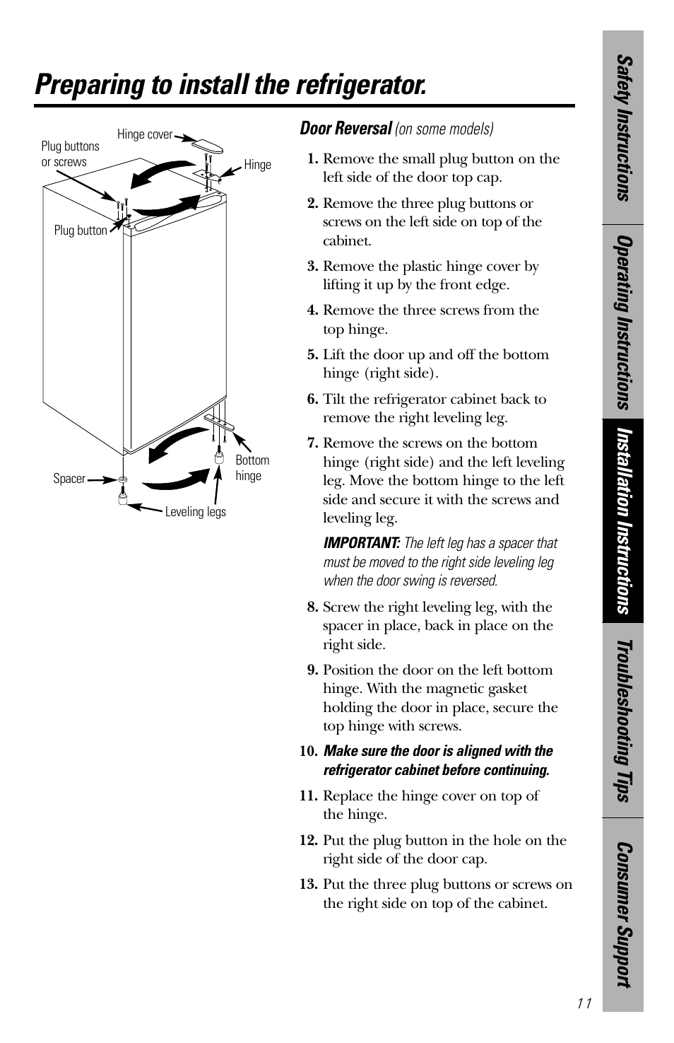 Preparing to install the refrigerator, Door reversal | GE 3 Cubic Foot Models User Manual | Page 11 / 16