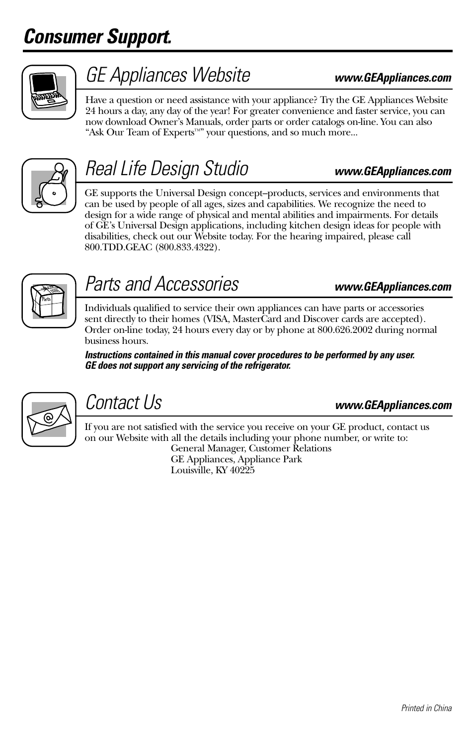 Consumer support, Consumer support . .back cover, Consumer support. ge appliances website | Real life design studio, Parts and accessories, Contact us | GE 3 Cubic Foot Models User Manual | Page 16 / 16