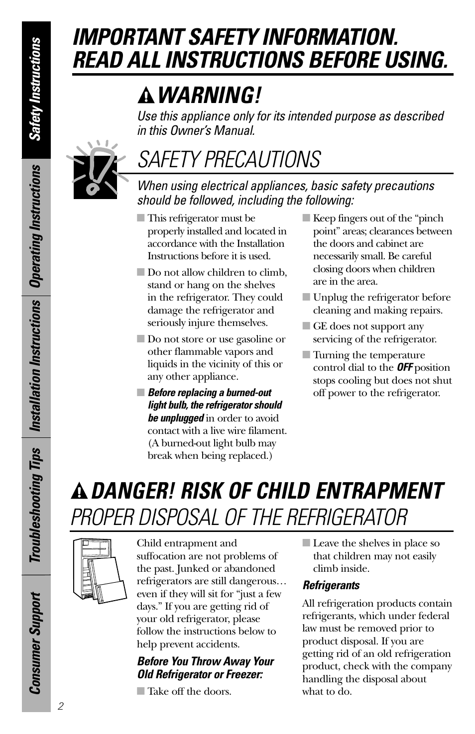 Safety information, Danger! risk of child entrapment, Warning | Safety precautions, Proper disposal of the refrigerator | GE 3 Cubic Foot Models User Manual | Page 2 / 16