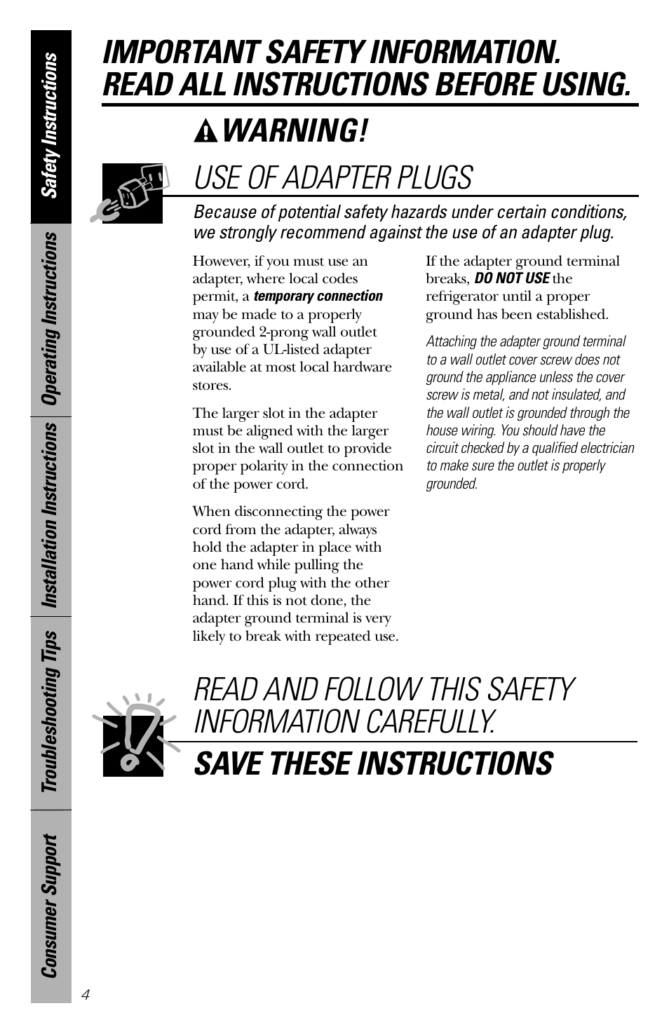 Warning! use of adapter plugs | GE 3 Cubic Foot Models User Manual | Page 4 / 16