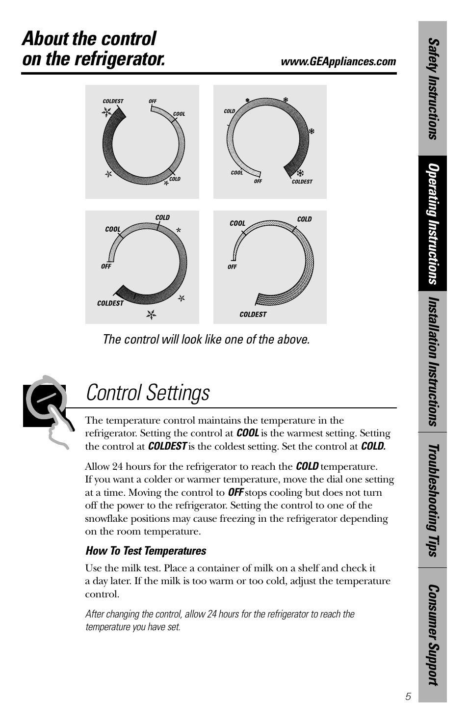 Control settings, About the control on the refrigerator | GE 3 Cubic Foot Models User Manual | Page 5 / 16