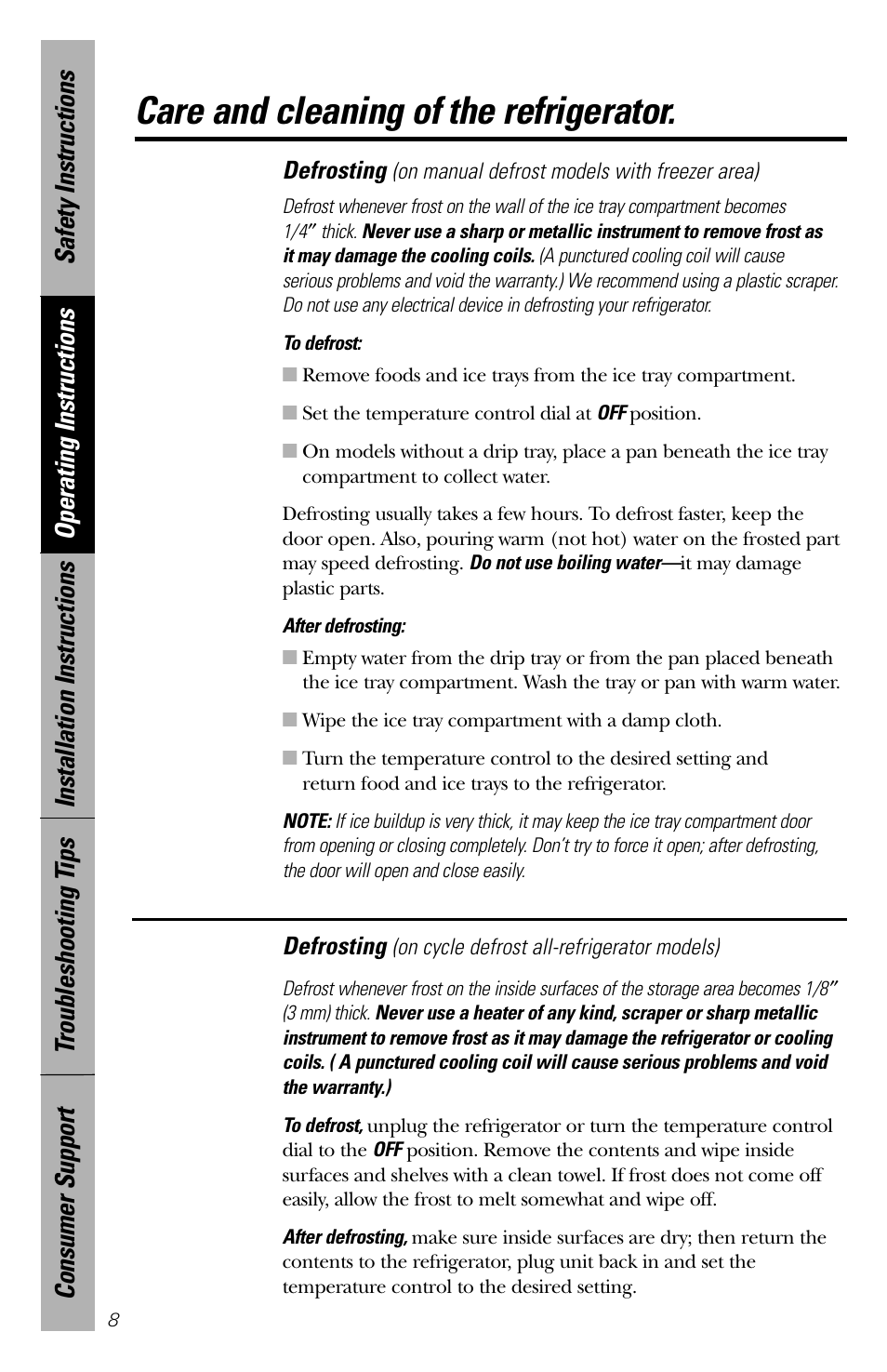 Care and cleaning of the refrigerator | GE 3 Cubic Foot Models User Manual | Page 8 / 16