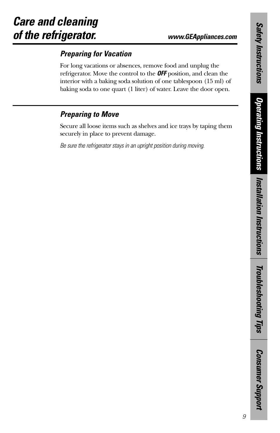 Care and cleaning of the refrigerator | GE 3 Cubic Foot Models User Manual | Page 9 / 16