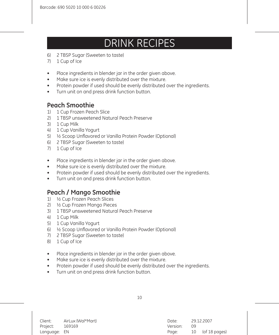 Drink recipes, Peach smoothie, Peach / mango smoothie | GE 169175 User Manual | Page 10 / 18
