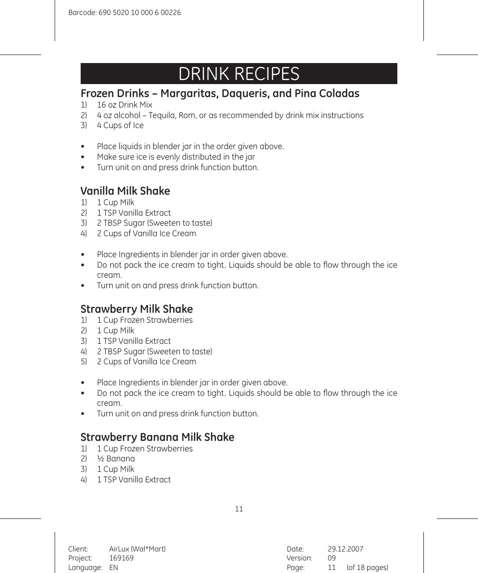 Drink recipes, Vanilla milk shake, Strawberry milk shake | Strawberry banana milk shake | GE 169175 User Manual | Page 11 / 18