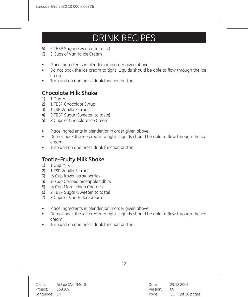 Drink recipes, Chocolate milk shake, Tootie-fruity milk shake | GE 169175 User Manual | Page 12 / 18