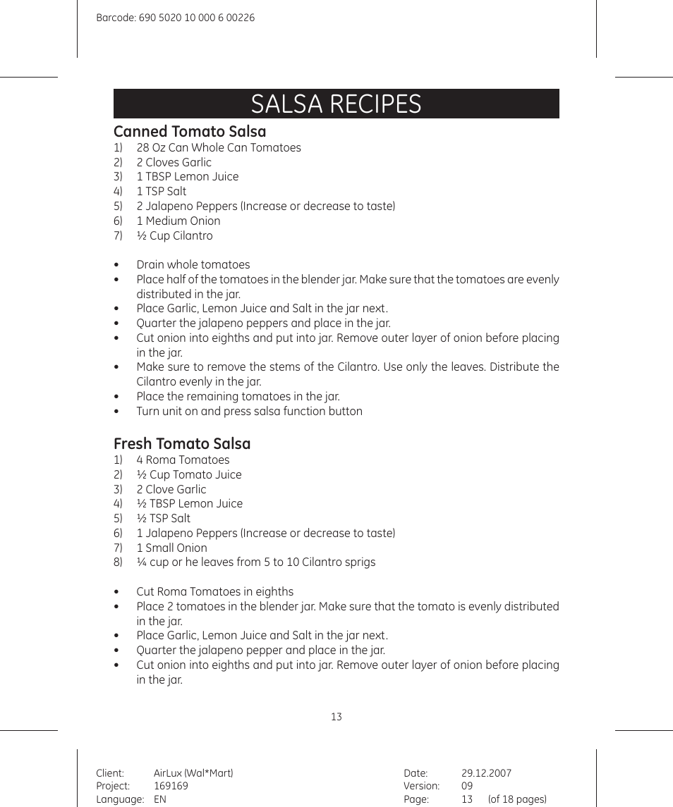 Salsa recipes, Canned tomato salsa, Fresh tomato salsa | GE 169175 User Manual | Page 13 / 18