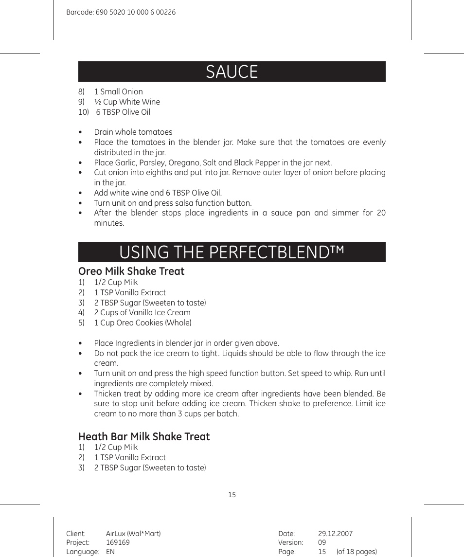 Sauce, Using the perfectblend, Oreo milk shake treat | Heath bar milk shake treat | GE 169175 User Manual | Page 15 / 18