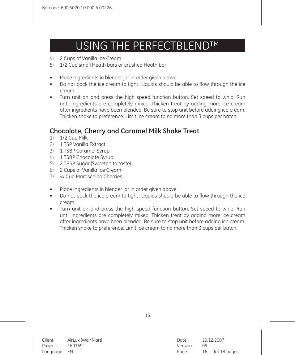 Using the perfectblend, Chocolate, cherry and caramel milk shake treat | GE 169175 User Manual | Page 16 / 18