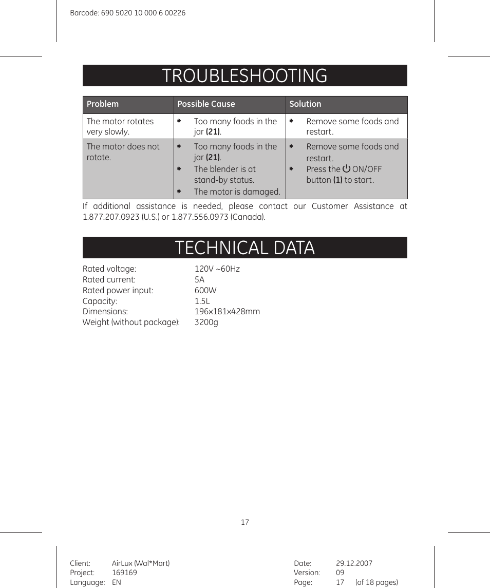 Troubleshooting, Technical data | GE 169175 User Manual | Page 17 / 18