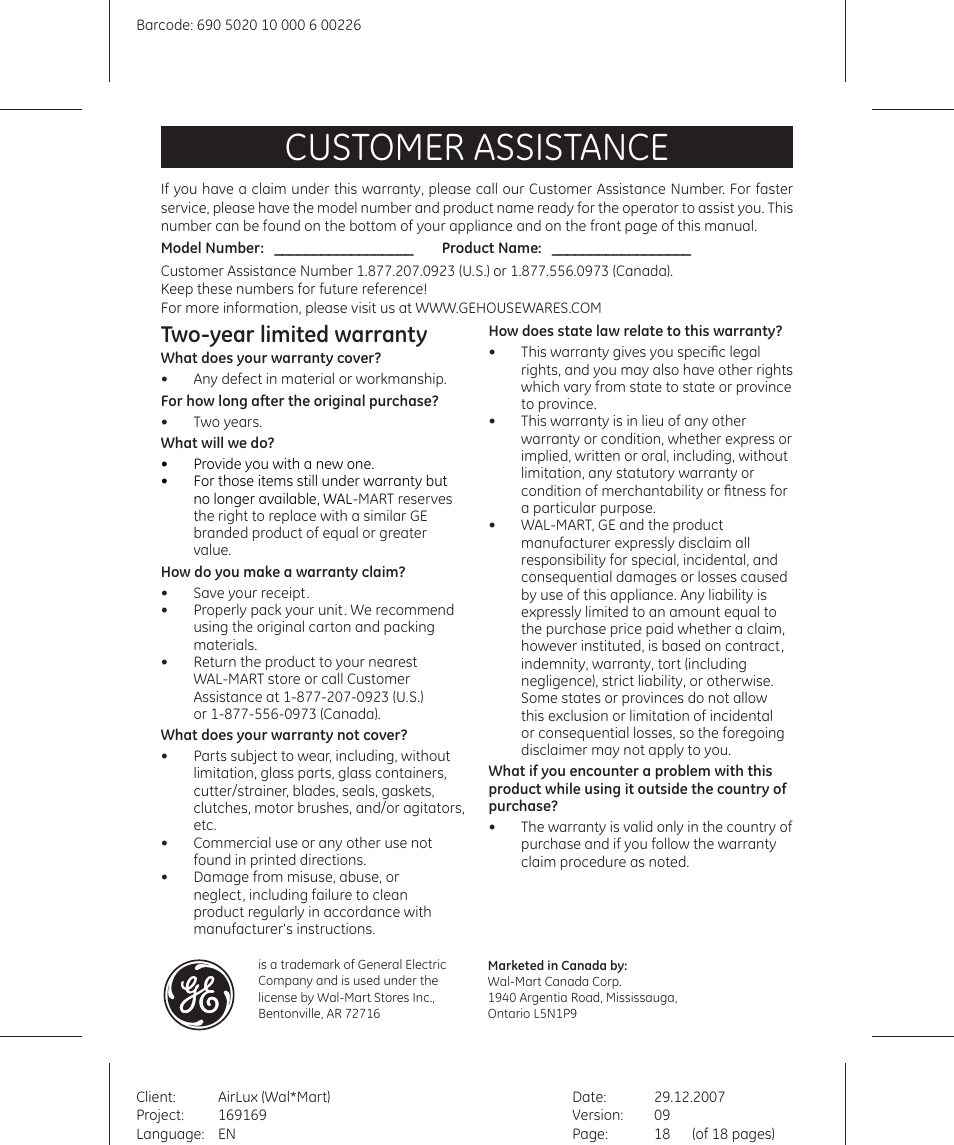 Customer assistance, Two-year limited warranty | GE 169175 User Manual | Page 18 / 18