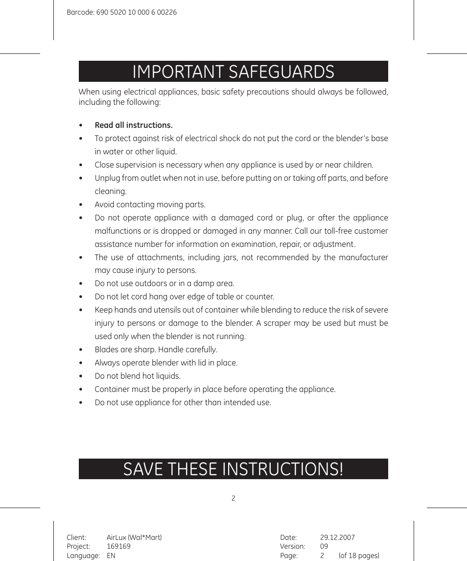 Important safeguards, Save these instructions | GE 169175 User Manual | Page 2 / 18