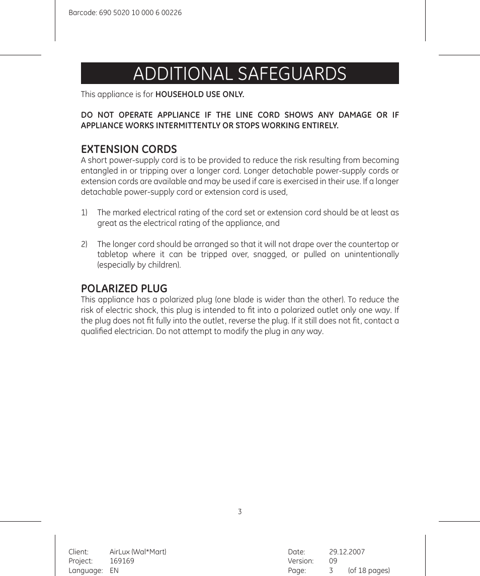 Additional safeguards, Extension cords, Polarized plug | GE 169175 User Manual | Page 3 / 18