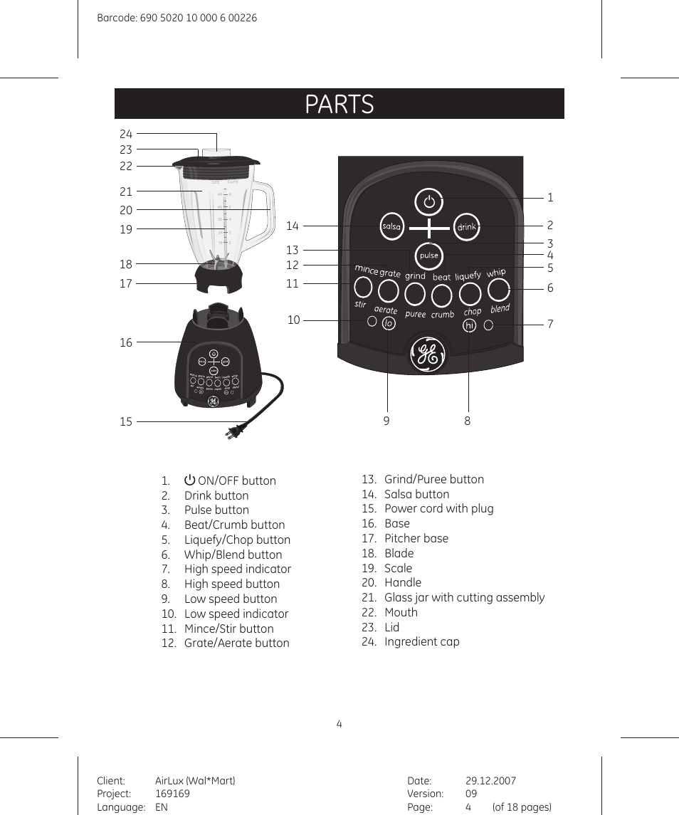 Parts | GE 169175 User Manual | Page 4 / 18