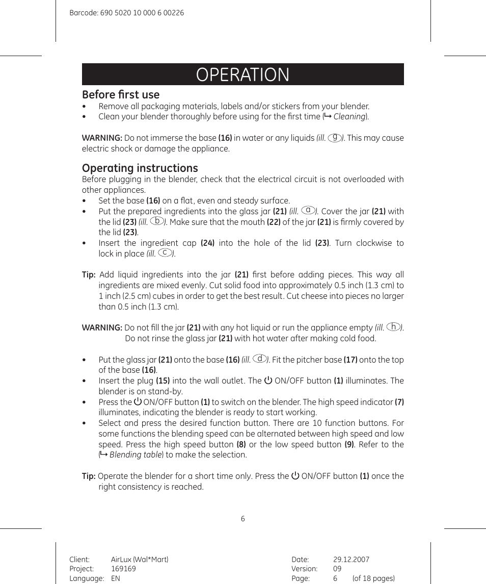 Operation, Before first use, Operating instructions | GE 169175 User Manual | Page 6 / 18