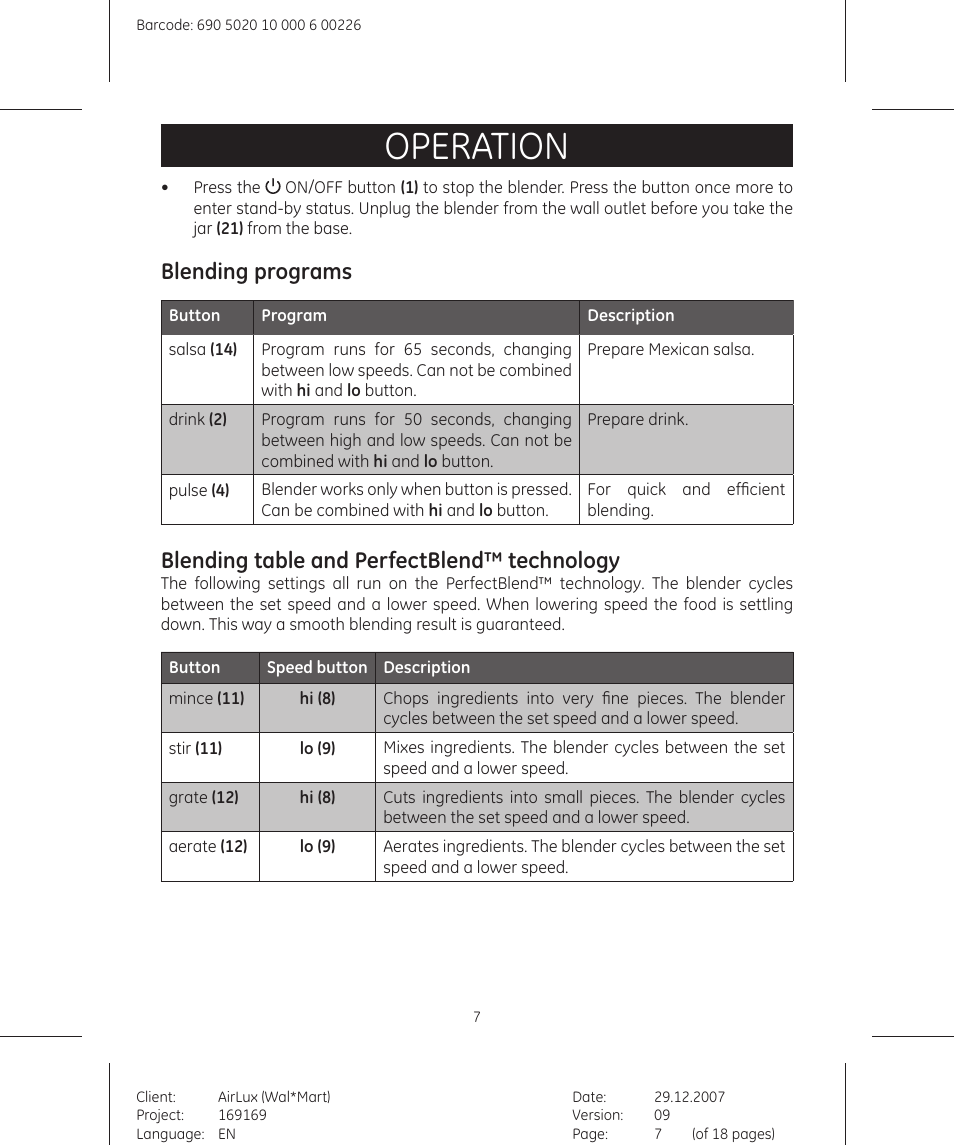 Operation, Blending programs, Blending table and perfectblend™ technology | GE 169175 User Manual | Page 7 / 18