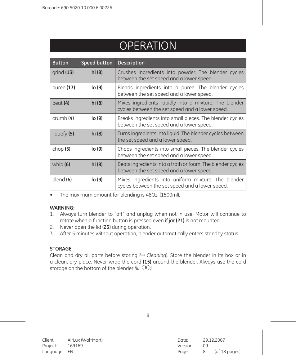 Operation | GE 169175 User Manual | Page 8 / 18