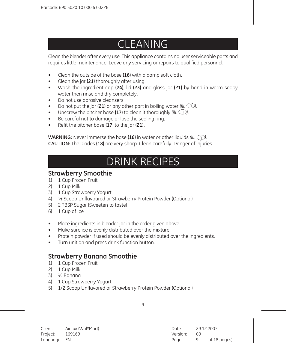 Cleaning, Drink recipes, Strawberry smoothie | Strawberry banana smoothie | GE 169175 User Manual | Page 9 / 18