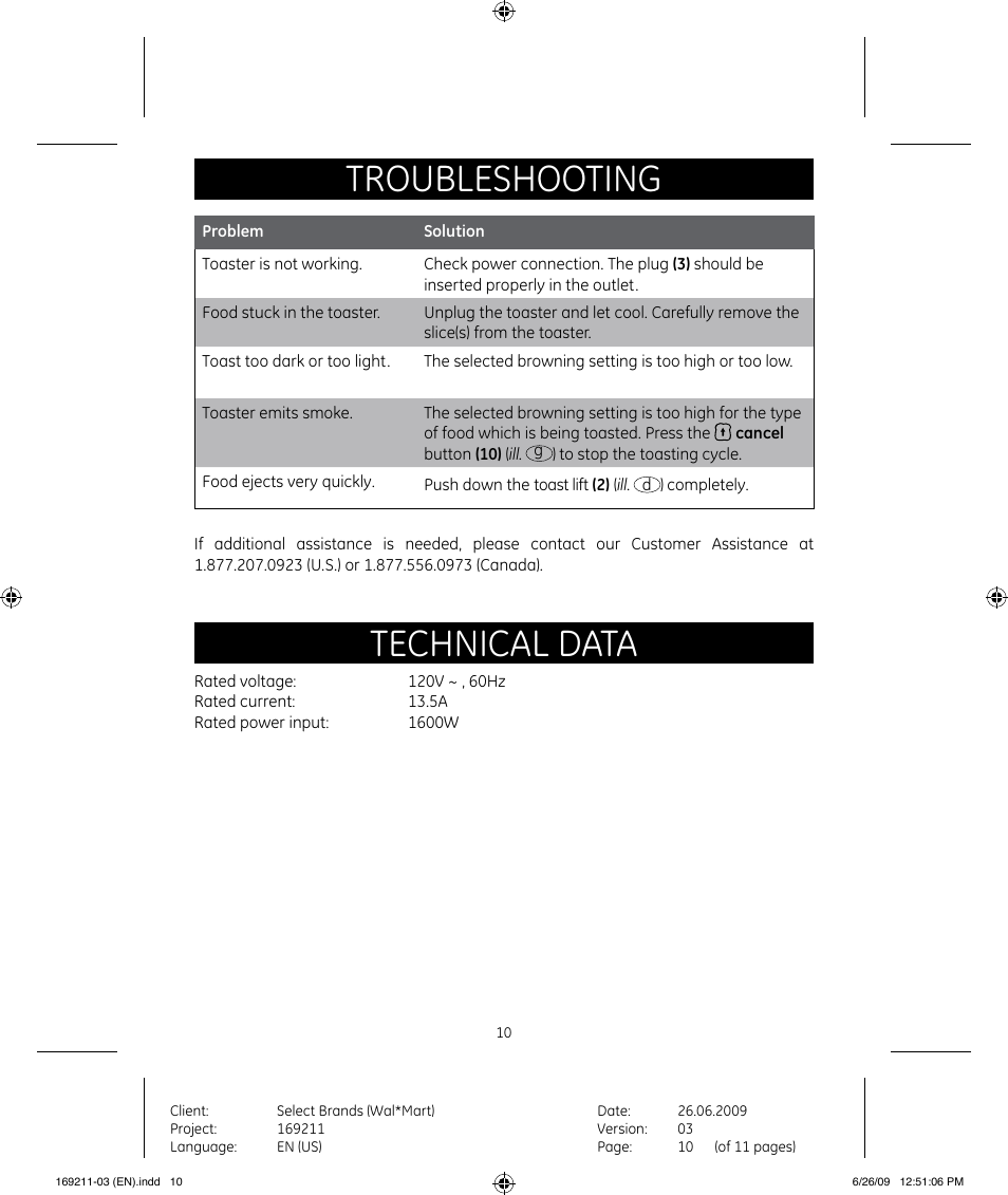 Troubleshooting, Technical data | GE 169235 User Manual | Page 10 / 11