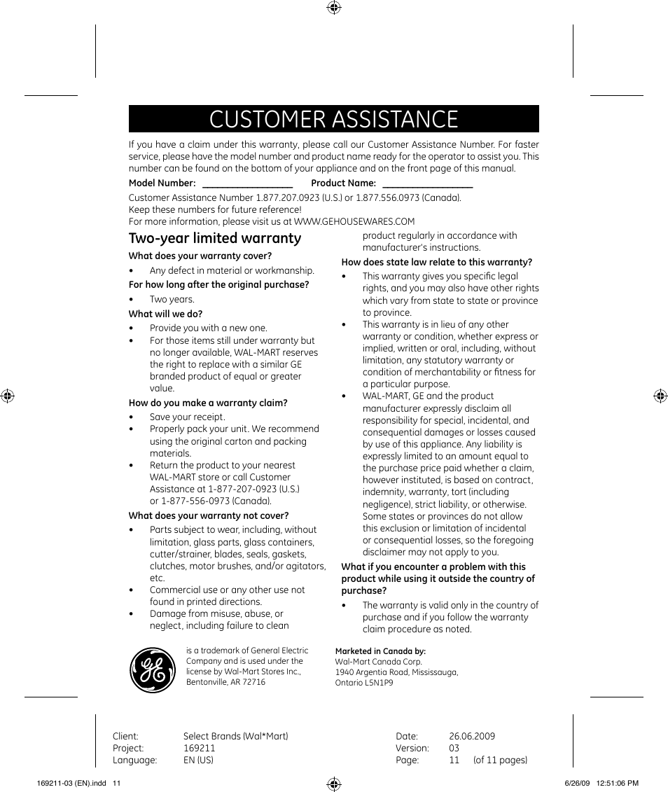 Customer assistance, Two-year limited warranty | GE 169235 User Manual | Page 11 / 11