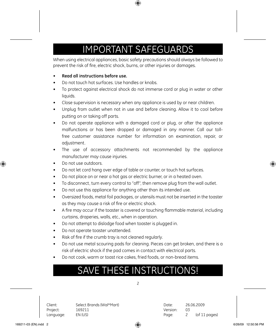 Important safeguards, Save these instructions | GE 169235 User Manual | Page 2 / 11