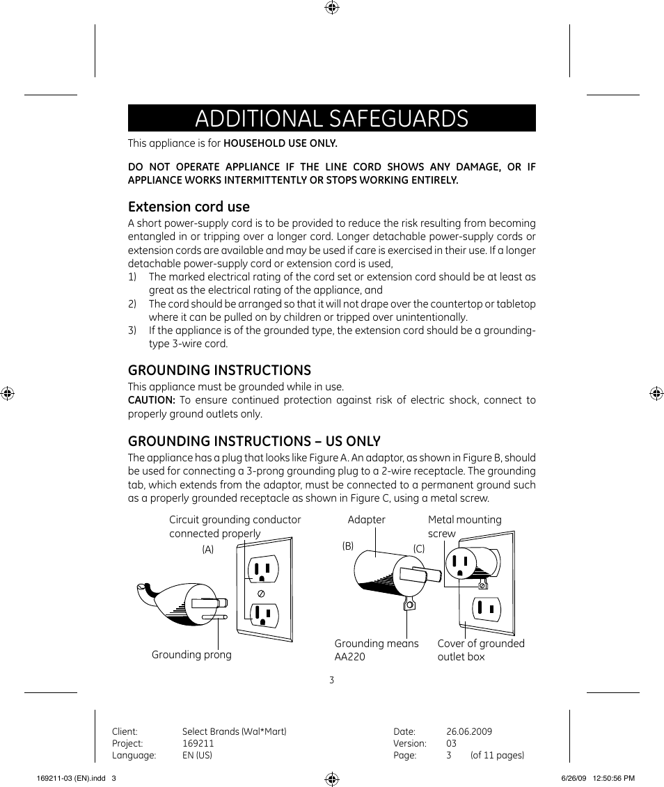 Additional safeguards, Extension cord use, Grounding instructions | Grounding instructions – us only | GE 169235 User Manual | Page 3 / 11