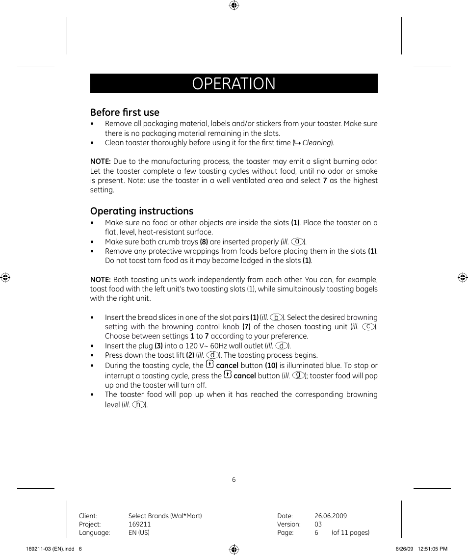 Operation, Before first use, Operating instructions | GE 169235 User Manual | Page 6 / 11