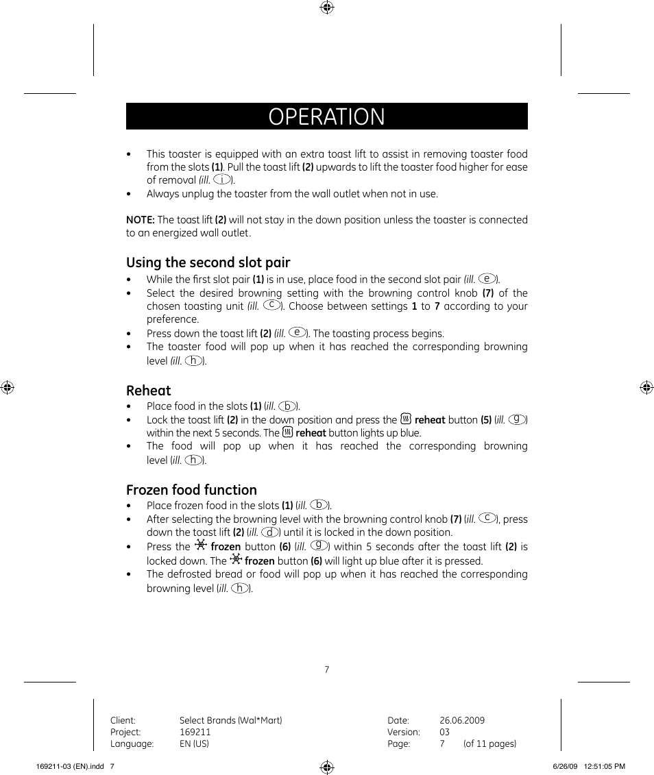 Operation, Using the second slot pair, Reheat | Frozen food function | GE 169235 User Manual | Page 7 / 11