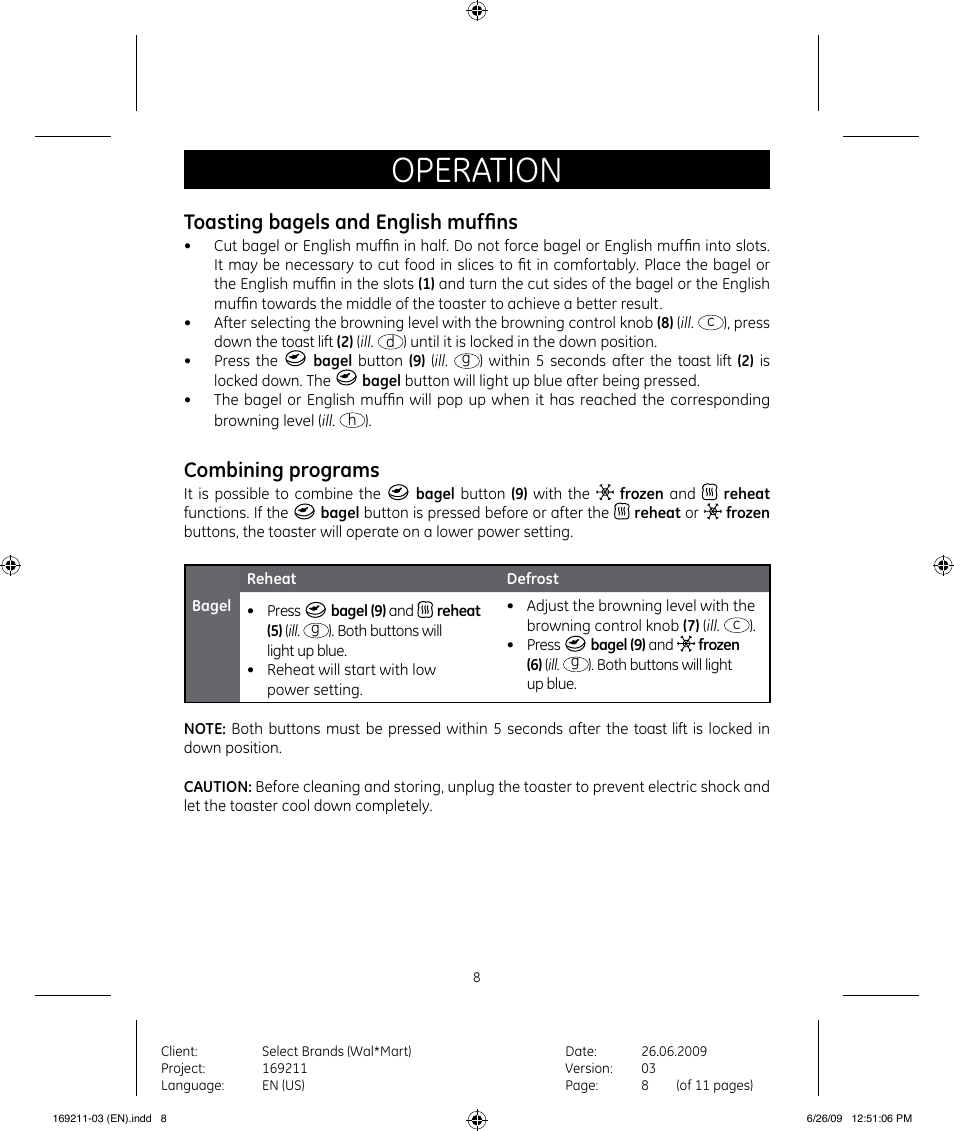 Operation, Toasting bagels and english muffins, Combining programs | GE 169235 User Manual | Page 8 / 11