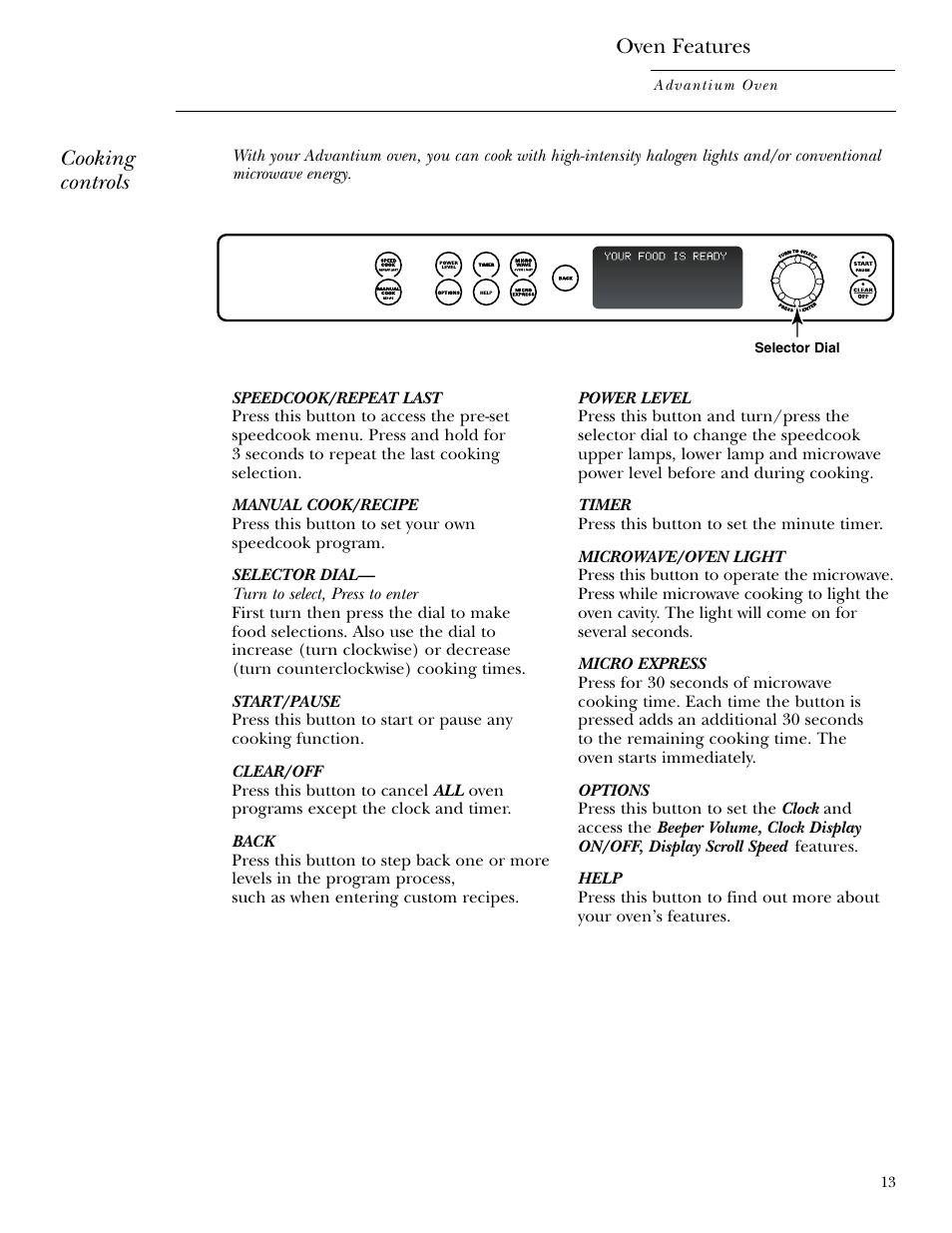 Cooking controls, Oven features | GE ZSC2000 User Manual | Page 13 / 44