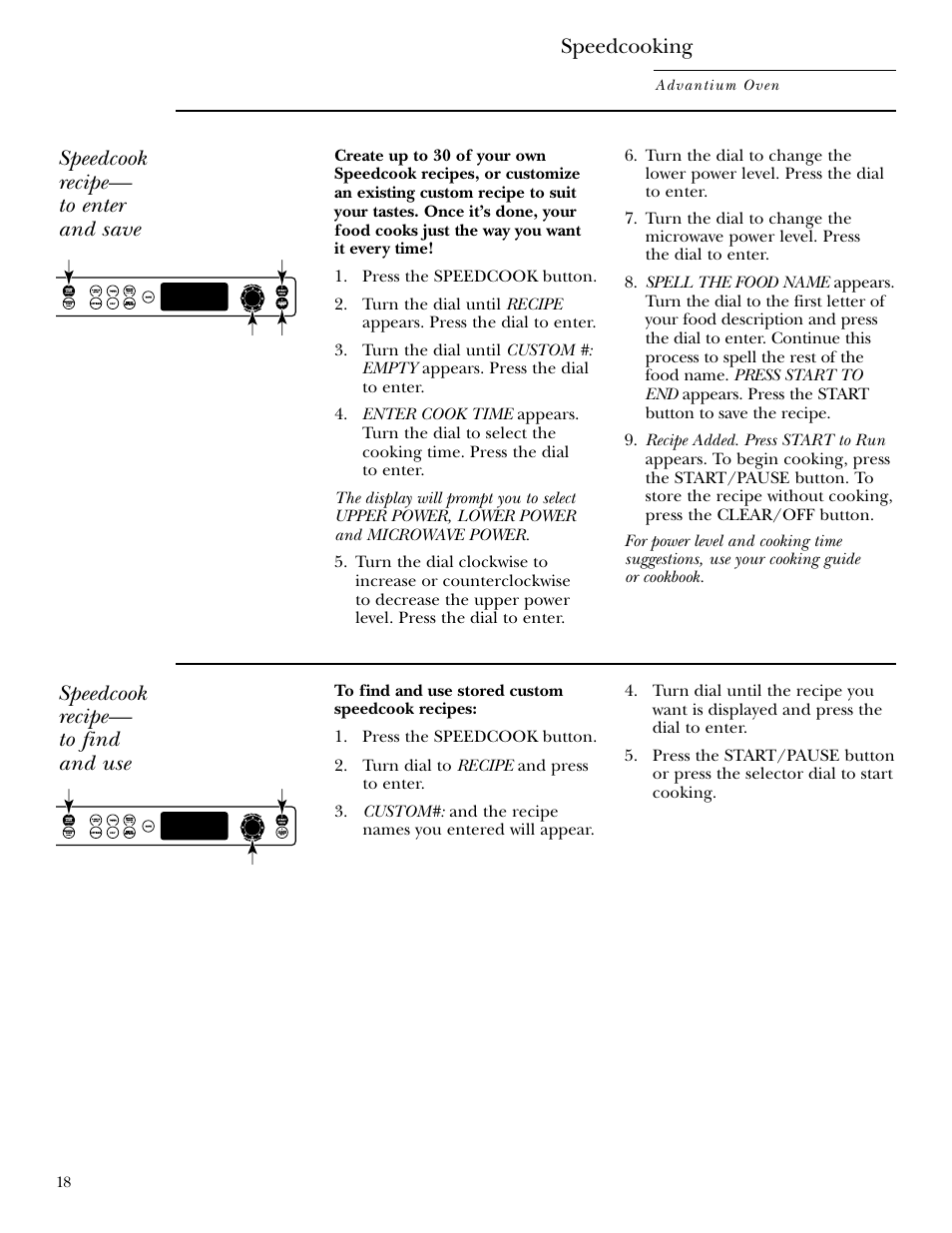 Custom speedcook recipes, Custom speedcook recipes , 19, Speedcook recipe— to enter and save | Speedcook recipe— to find and use, Speedcooking | GE ZSC2000 User Manual | Page 18 / 44