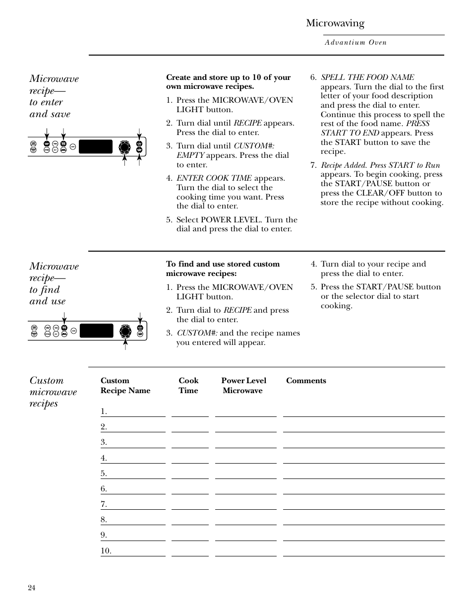 Custom microwave recipes, Custom microwave recipes , 25, Microwave recipe— to enter and save | Microwave recipe— to find and use, Microwaving | GE ZSC2000 User Manual | Page 24 / 44