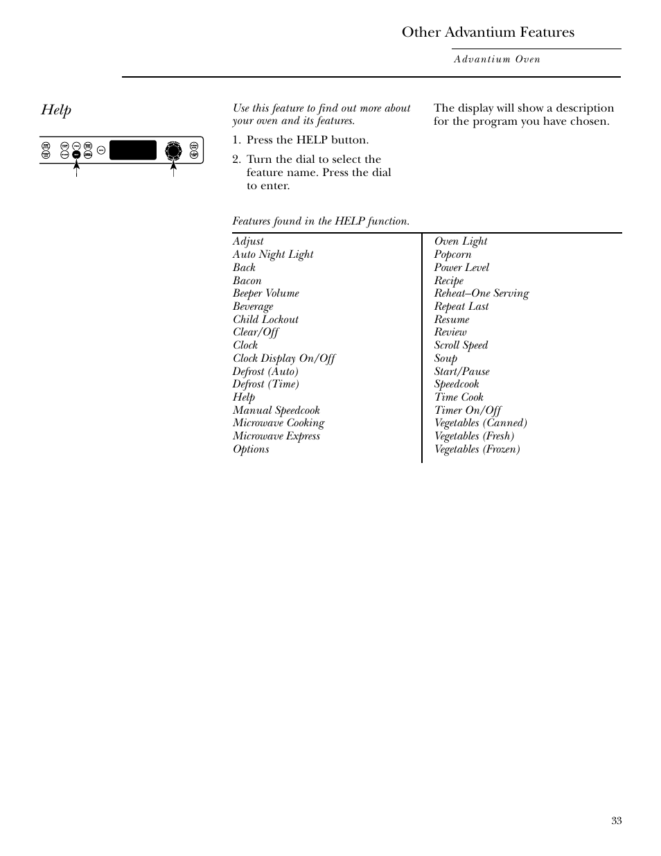 Help, Other advantium features | GE ZSC2000 User Manual | Page 33 / 44