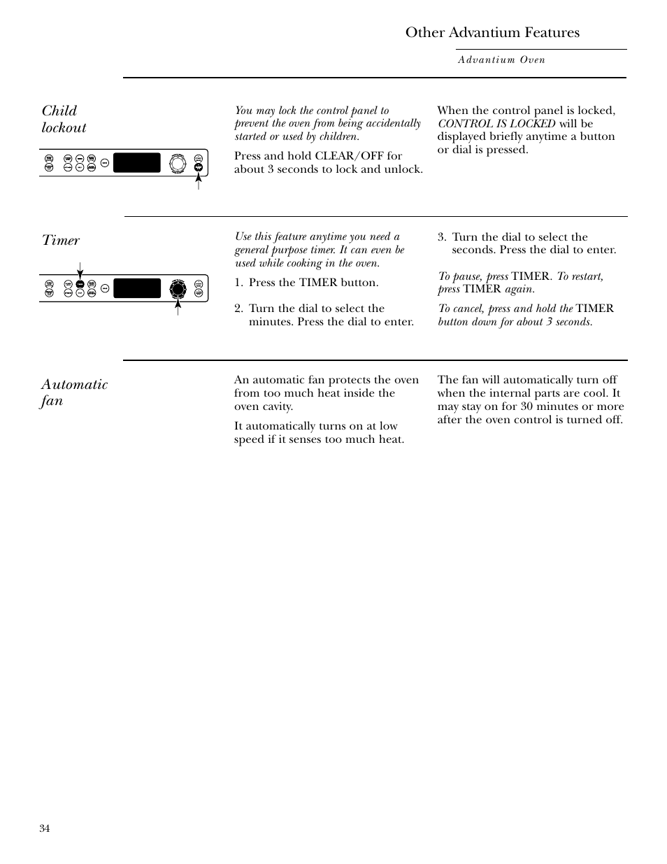 Automatic fan, Child lockout, Timer | GE ZSC2000 User Manual | Page 34 / 44