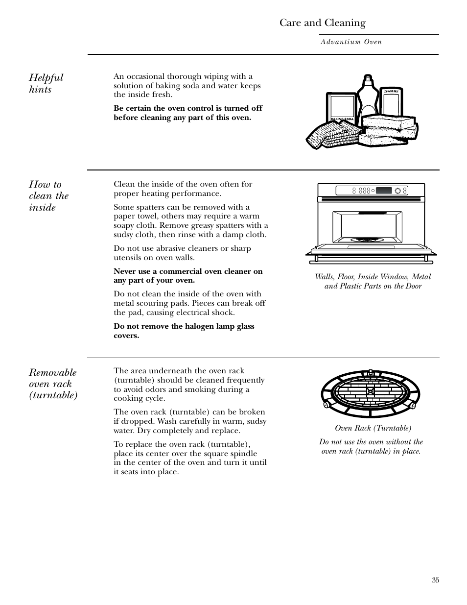 Cleaning the inside, Cleaning the inside , 36, Care and cleaning | Helpful hints | GE ZSC2000 User Manual | Page 35 / 44