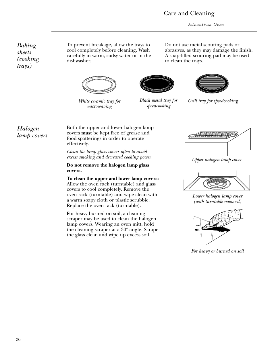 Lamp covers, Baking sheets (cooking trays), Halogen lamp covers | Care and cleaning | GE ZSC2000 User Manual | Page 36 / 44