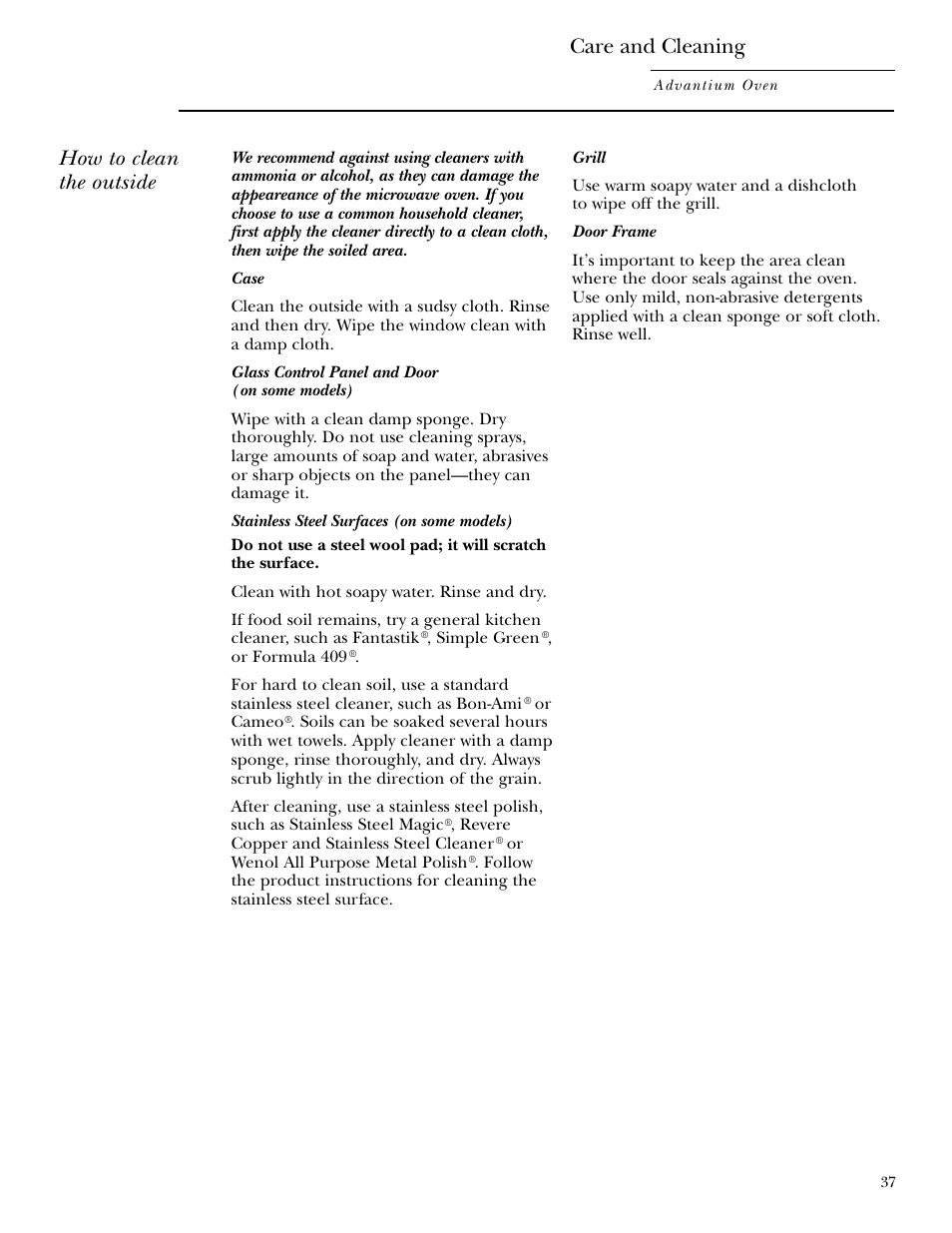 Cleaning the outside, How to clean the outside, Care and cleaning | GE ZSC2000 User Manual | Page 37 / 44