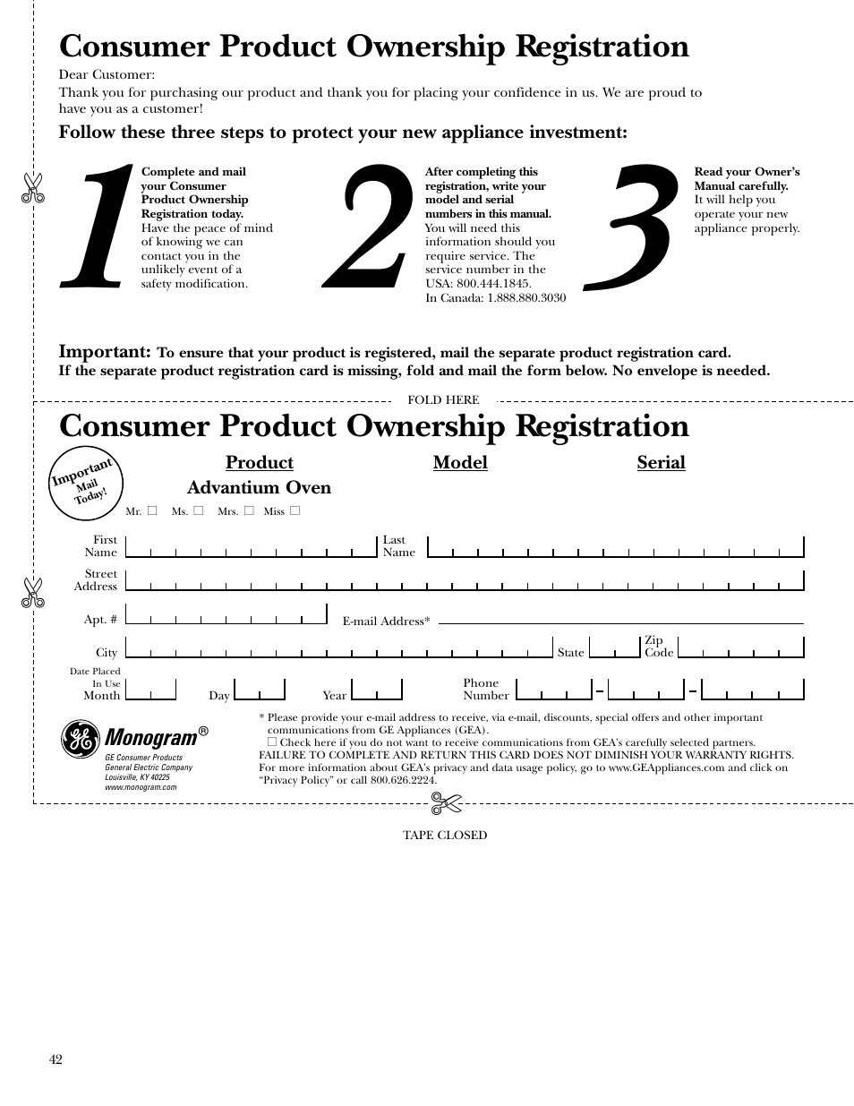 Product registration, Product registration , 42, Consumer product ownership registration | GE ZSC2000 User Manual | Page 42 / 44