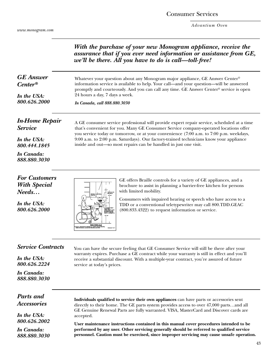 Service phone numbers, Consumer services, In-home repair service | Service contracts, Parts and accessories, For customers with special needs | GE ZSC2000 User Manual | Page 43 / 44