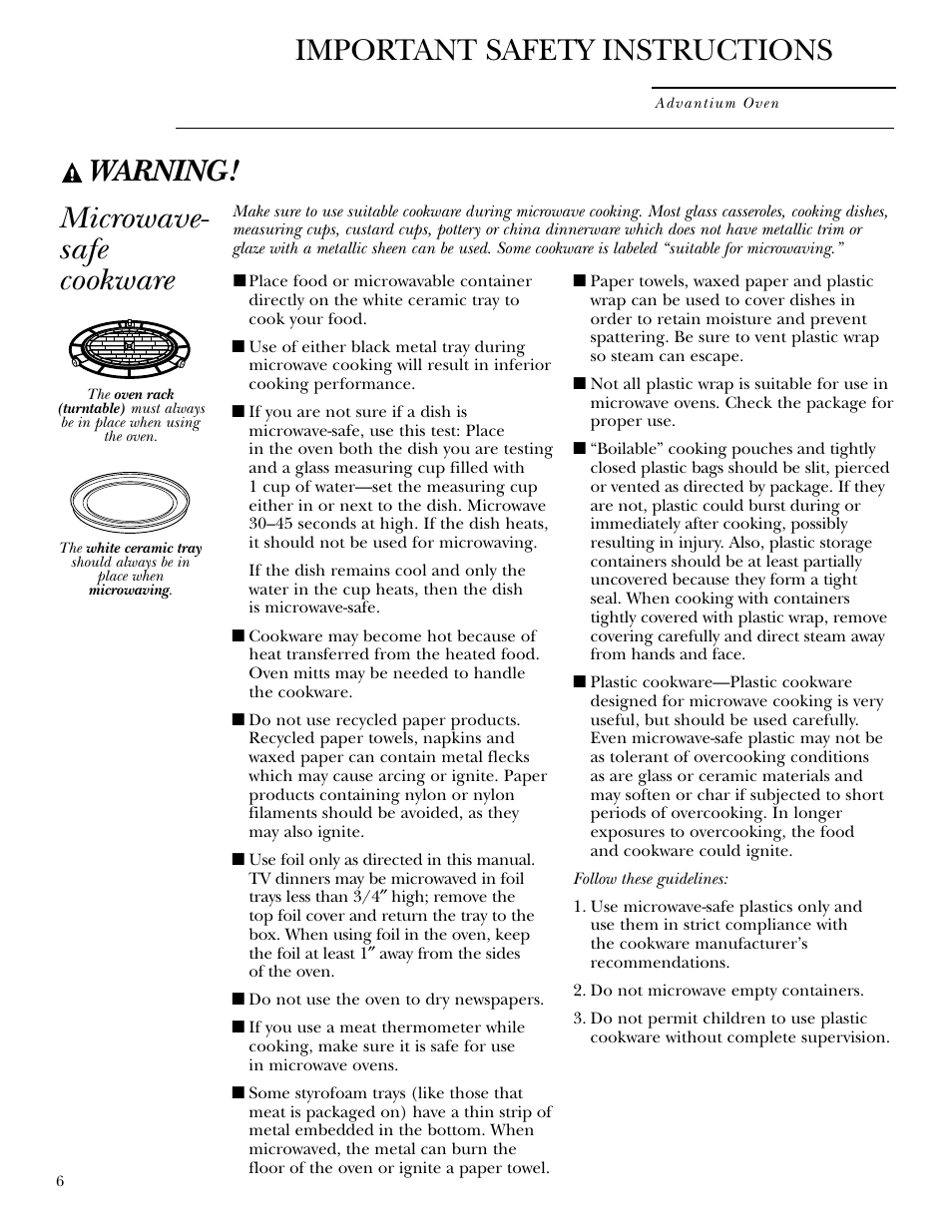 Microwave-safe cookware, Warning, Microwave- safe cookware | Important safety instructions | GE ZSC2000 User Manual | Page 6 / 44