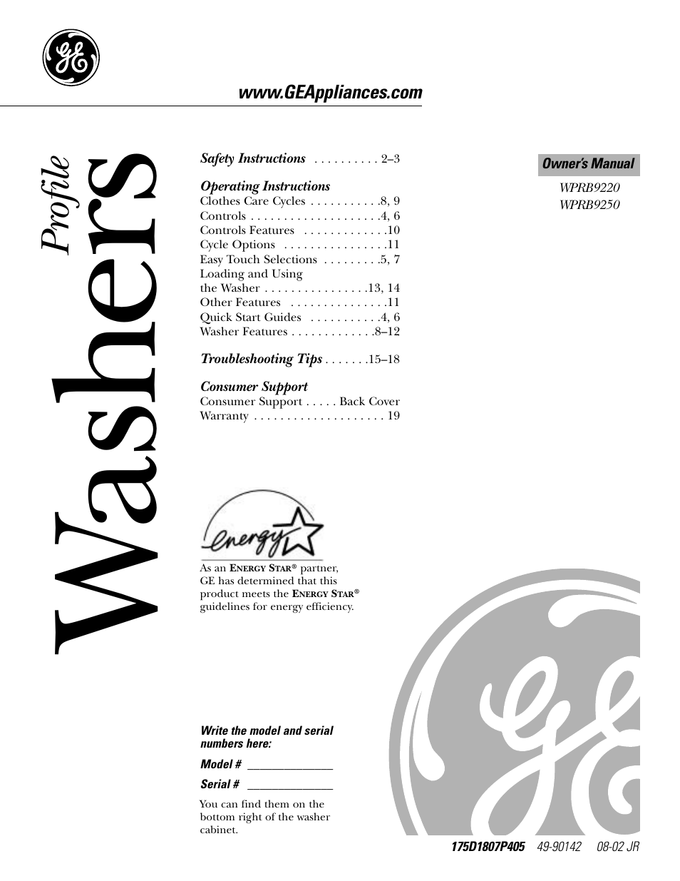 GE WPRB9220 User Manual | 20 pages