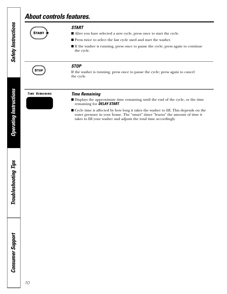 Controls features, About controls features | GE WPRB9220 User Manual | Page 10 / 20