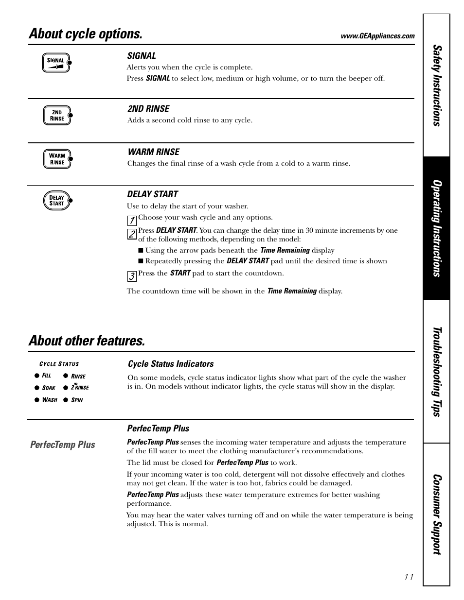 Cycle options, Other features, About cycle options | 32 1 about other features | GE WPRB9220 User Manual | Page 11 / 20